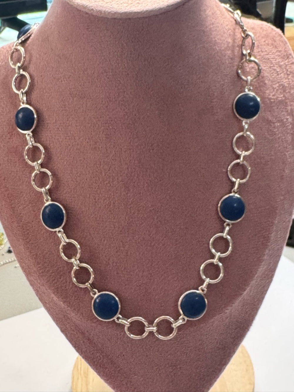 Chaps Silver-Tone Link Necklace with Dark Blue Cabochons